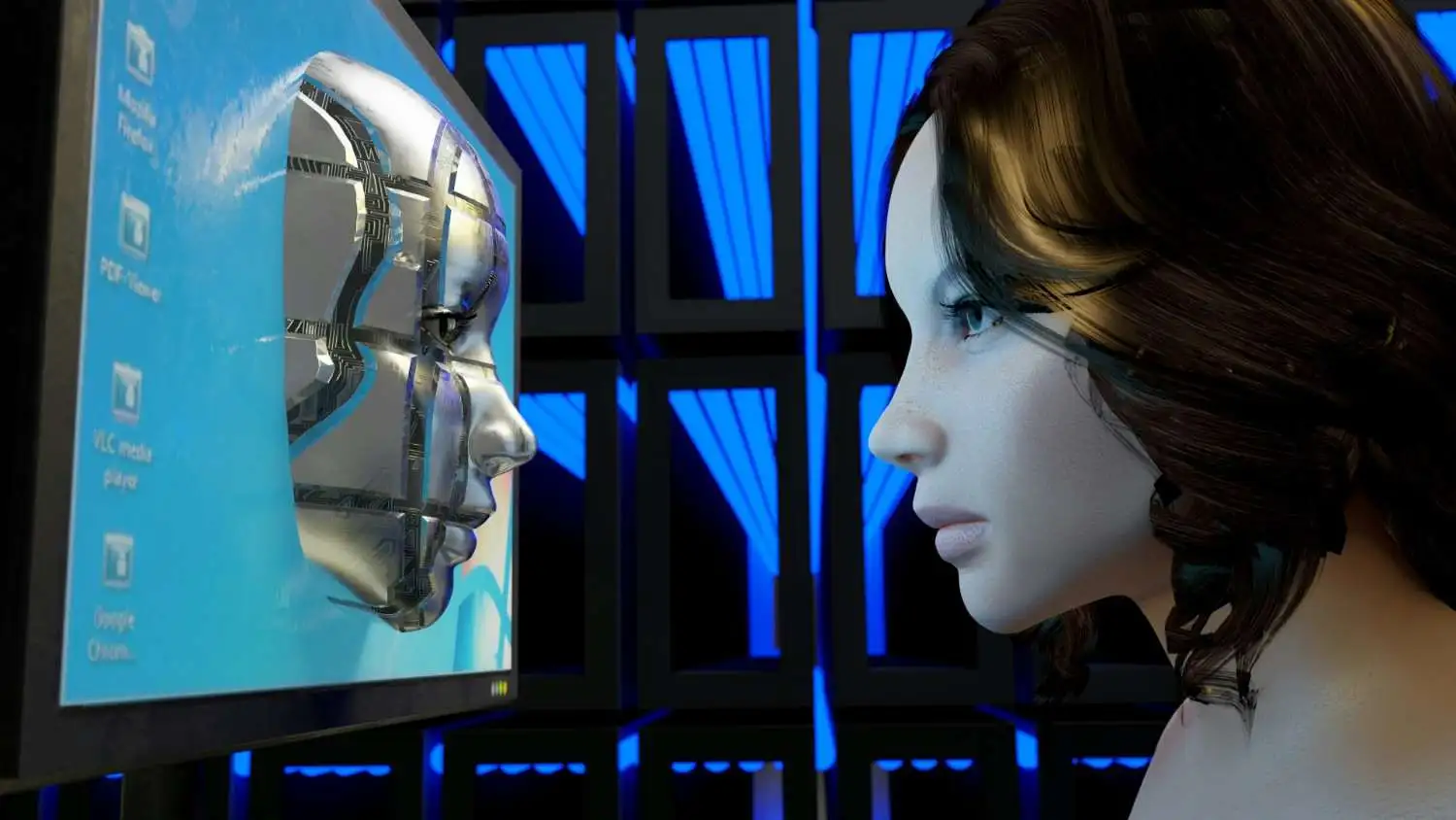 A girl looking at a figure coming out of Computer